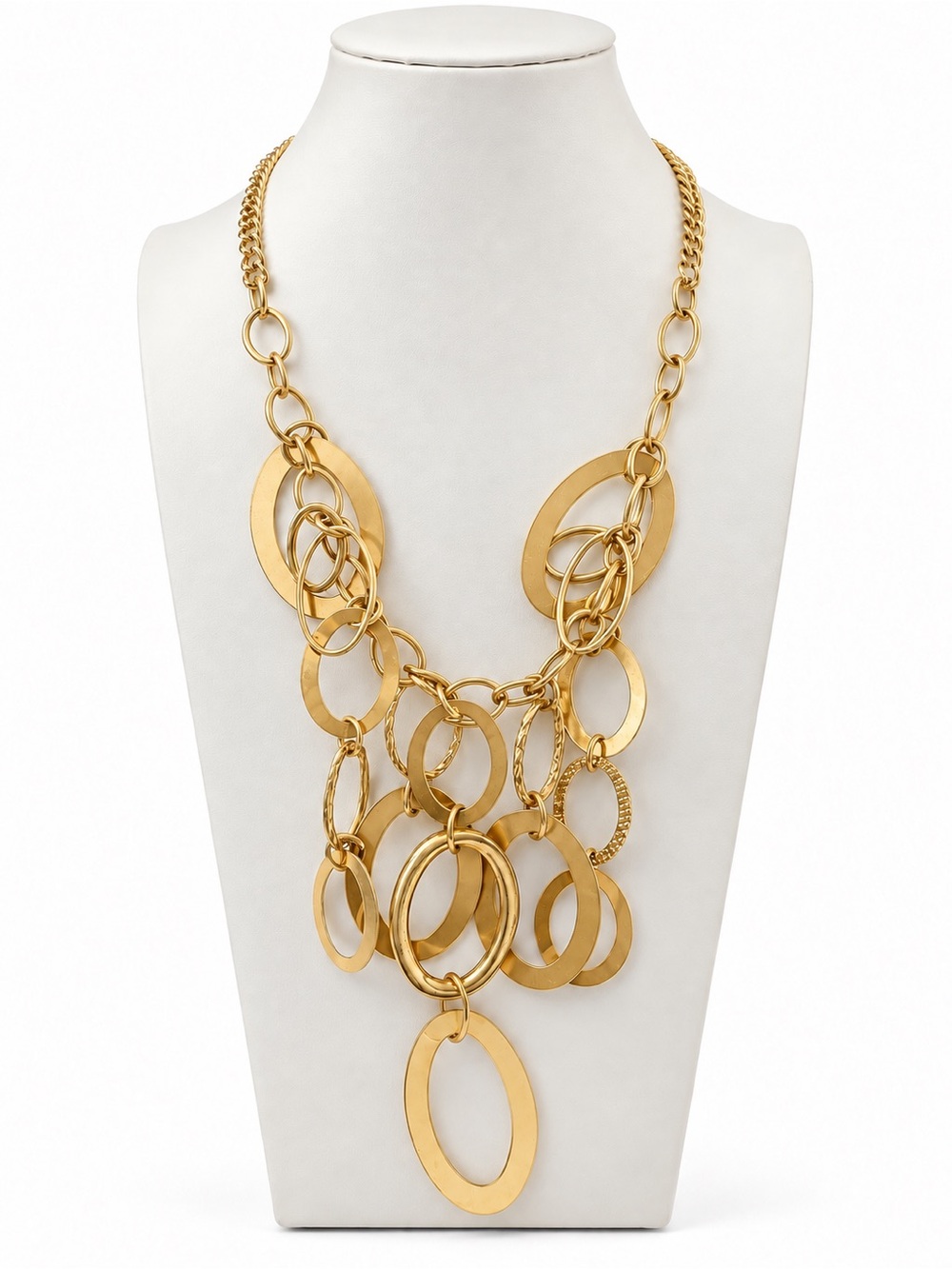 Gold Tone Mixed Oval Ring Statement Necklace Layered Chain Preowned